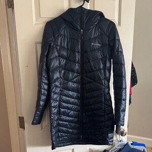 Like New Columbia Women's Long Hooded, Dark Navy-steel Puffer Coat Medium